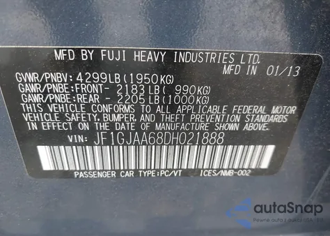 2013 Subaru Impreza 2.0I from USA, damaged, VIN JF1GJAA68DH021888